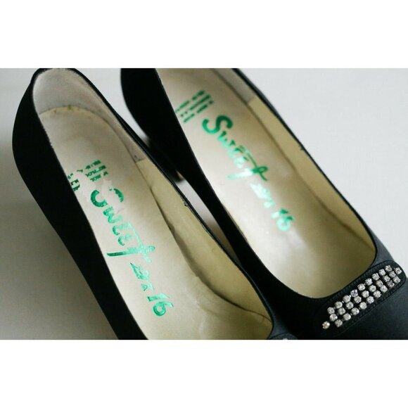 Vintage Hand Made Back Satin Rhinestone Slip on Heels 6.5 - Picture 3 of 8